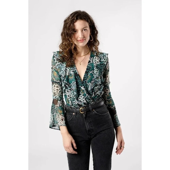 Band of Free Ruffled V-Neck Floral Bodysuit With Bell Sleeves Small - Picture 1 of 8